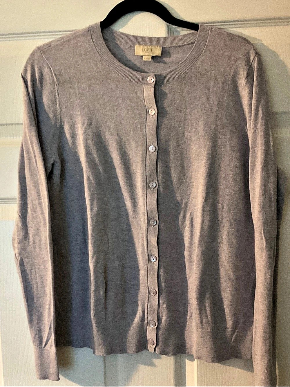 LOFT Cotton Button-Front Crewneck Cardigan in Gray/Purple